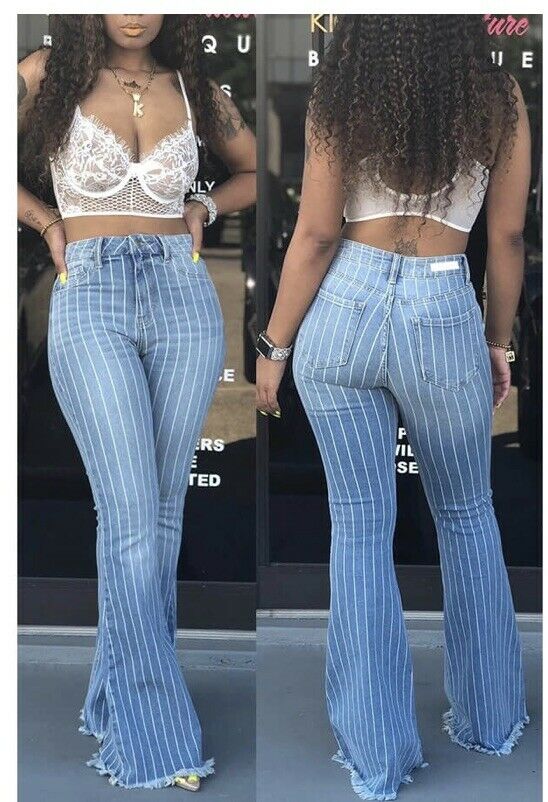 Women Stylish Hight Waist Stripes Denim Pants Jeans