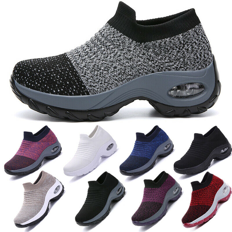 Women’s Air Cushion Slip-On Sport Shoes, Breathable Mesh Walking Running Sneakers